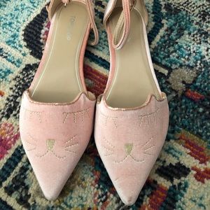 Pink velvet cat ankle strap flats from top shop